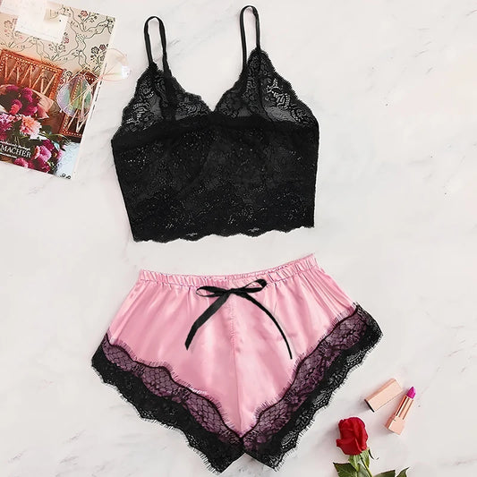 women's Pajamas Black Pink Cute Clothes Comfortable Breathable Suspender Shorts Set